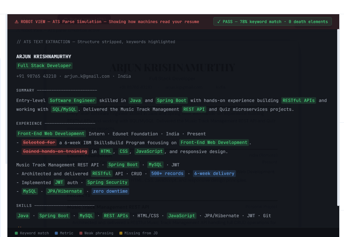 Radical UI Transparency showing full ATS analysis